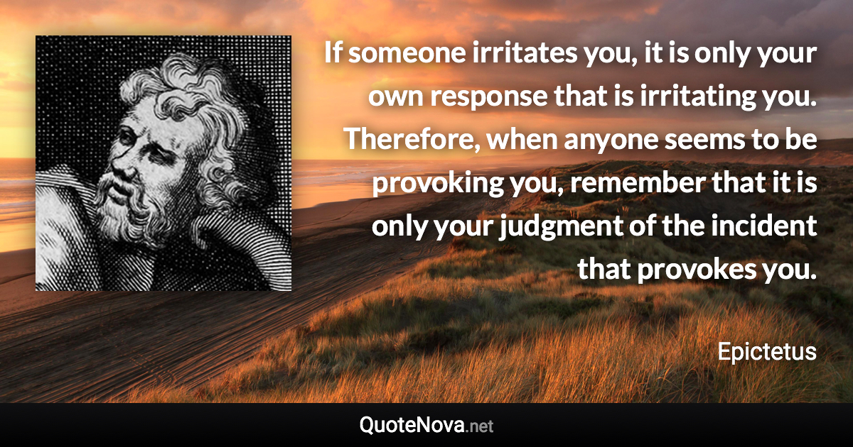 If someone irritates you, it is only your own response that is irritating you. Therefore, when anyone seems to be provoking you, remember that it is only your judgment of the incident that provokes you. - Epictetus quote