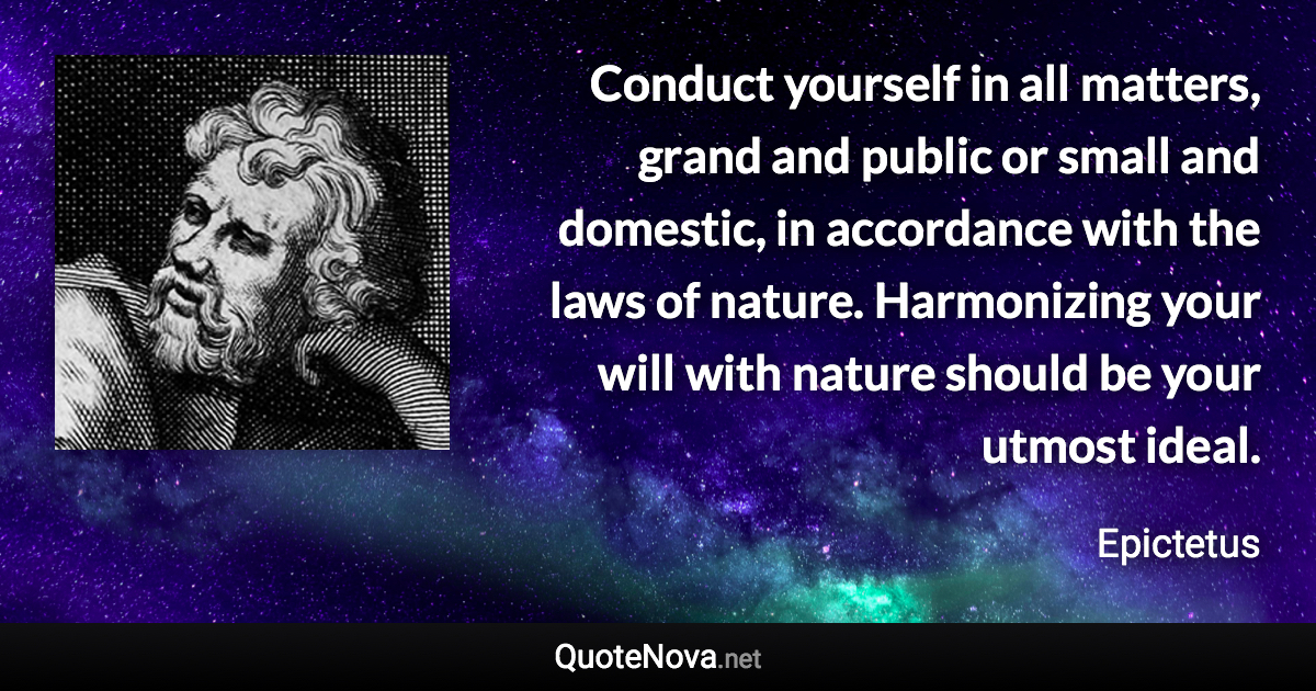 Conduct yourself in all matters, grand and public or small and domestic, in accordance with the laws of nature. Harmonizing your will with nature should be your utmost ideal. - Epictetus quote