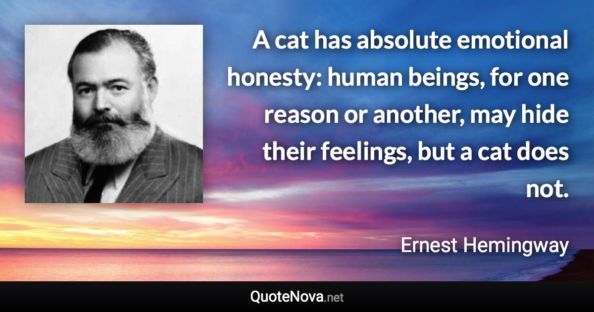 A cat has absolute emotional honesty: human beings, for one reason or another, may hide their feelings, but a cat does not. - Ernest Hemingway quote