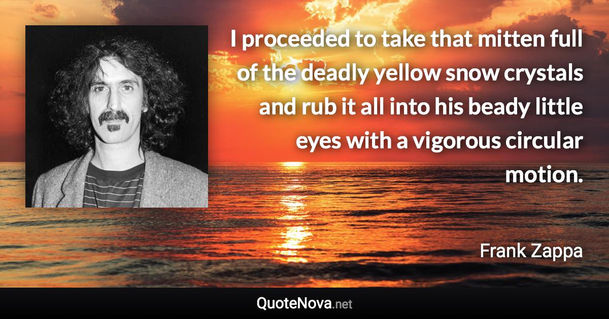 I proceeded to take that mitten full of the deadly yellow snow crystals and rub it all into his beady little eyes with a vigorous circular motion. - Frank Zappa quote