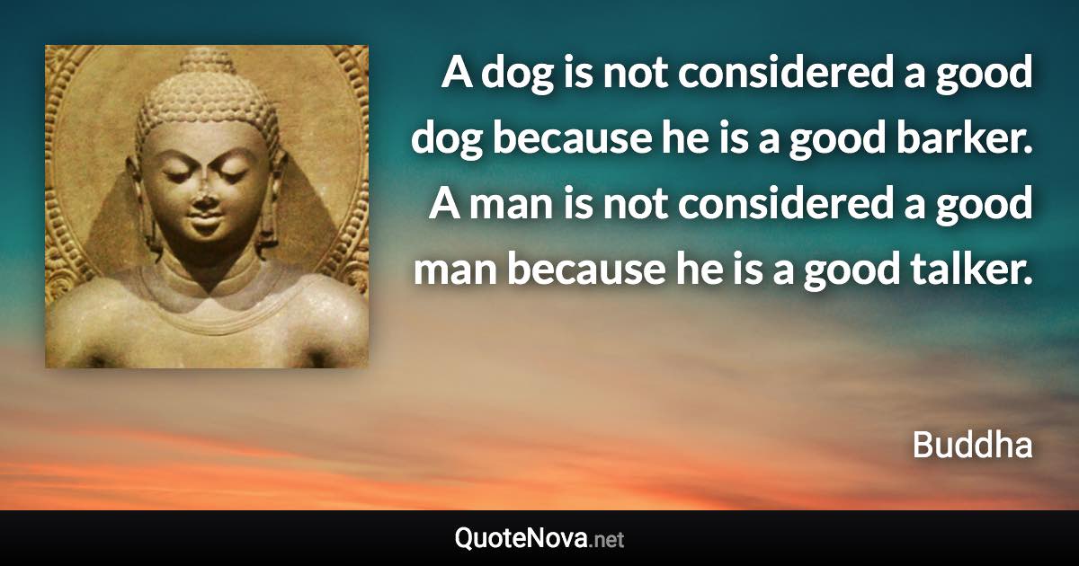 A dog is not considered a good dog because he is a good barker. A man is not considered a good man because he is a good talker. - Buddha quote