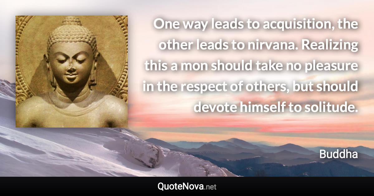 One way leads to acquisition, the other leads to nirvana. Realizing this a mon should take no pleasure in the respect of others, but should devote himself to solitude. - Buddha quote