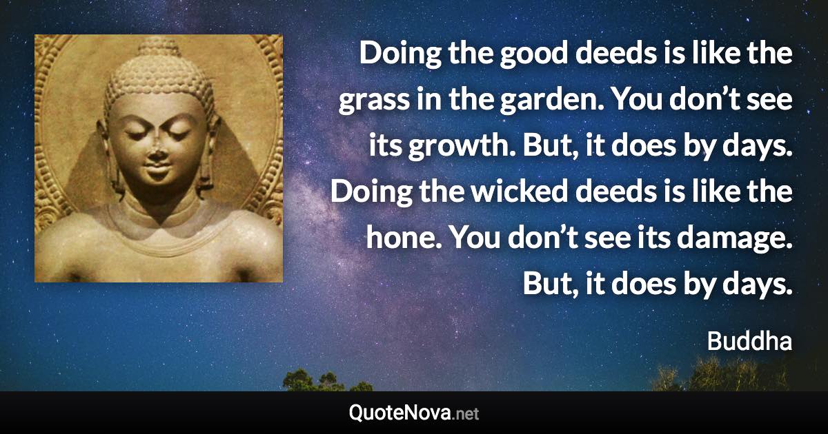 Doing the good deeds is like the grass in the garden. You don’t see its growth. But, it does by days. Doing the wicked deeds is like the hone. You don’t see its damage. But, it does by days. - Buddha quote