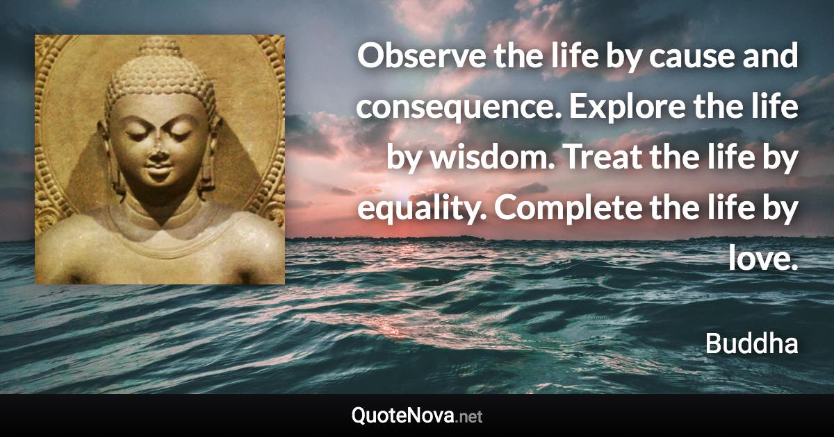 Observe the life by cause and consequence. Explore the life by wisdom. Treat the life by equality. Complete the life by love. - Buddha quote