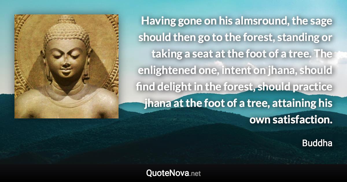 Having gone on his almsround, the sage should then go to the forest, standing or taking a seat at the foot of a tree. The enlightened one, intent on jhana, should find delight in the forest, should practice jhana at the foot of a tree, attaining his own satisfaction. - Buddha quote