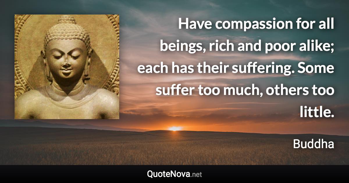 Have compassion for all beings, rich and poor alike; each has their suffering. Some suffer too much, others too little. - Buddha quote