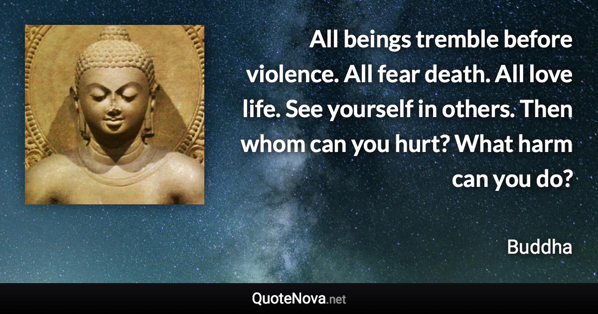 All beings tremble before violence. All fear death. All love life. See yourself in others. Then whom can you hurt? What harm can you do? - Buddha quote