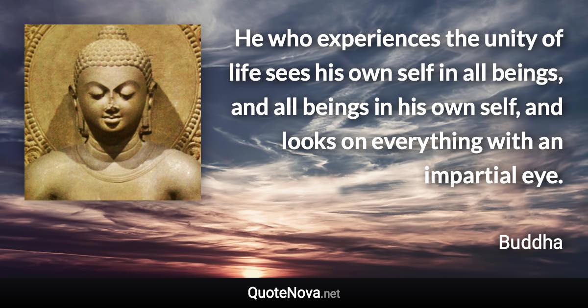 He who experiences the unity of life sees his own self in all beings, and all beings in his own self, and looks on everything with an impartial eye. - Buddha quote