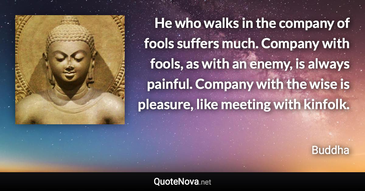 He who walks in the company of fools suffers much. Company with fools, as with an enemy, is always painful. Company with the wise is pleasure, like meeting with kinfolk. - Buddha quote