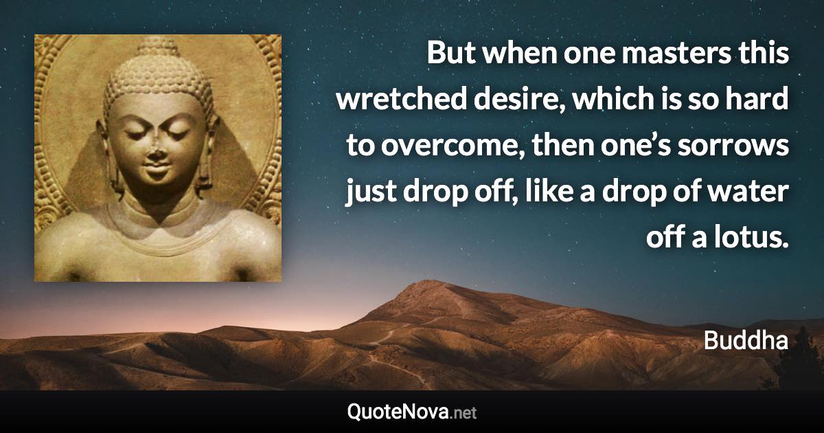 But when one masters this wretched desire, which is so hard to overcome, then one’s sorrows just drop off, like a drop of water off a lotus. - Buddha quote