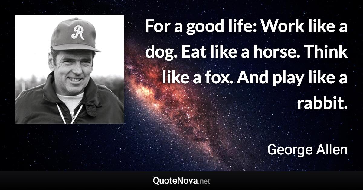 For a good life: Work like a dog. Eat like a horse. Think like a fox. And play like a rabbit. - George Allen quote
