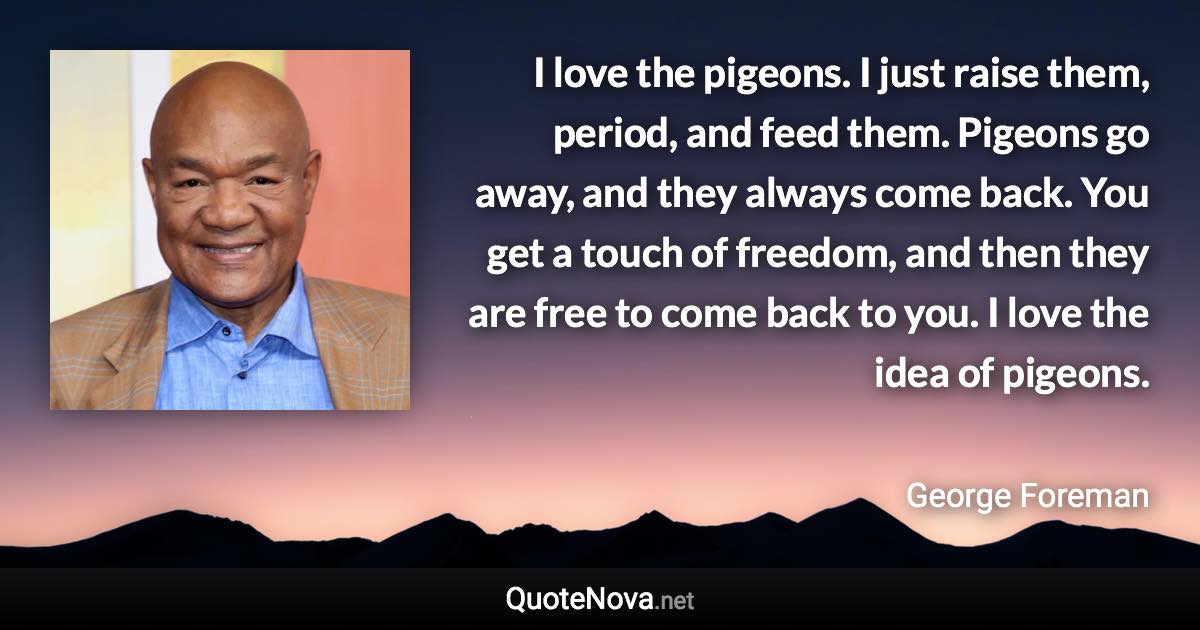 I love the pigeons. I just raise them, period, and feed them. Pigeons go away, and they always come back. You get a touch of freedom, and then they are free to come back to you. I love the idea of pigeons. - George Foreman quote