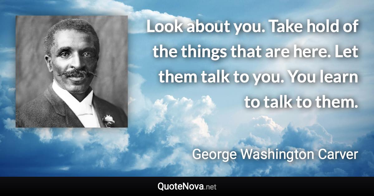 Look about you. Take hold of the things that are here. Let them talk to you. You learn to talk to them. - George Washington Carver quote