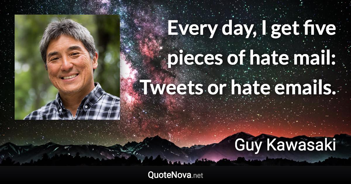 Every day, I get five pieces of hate mail: Tweets or hate emails. - Guy Kawasaki quote