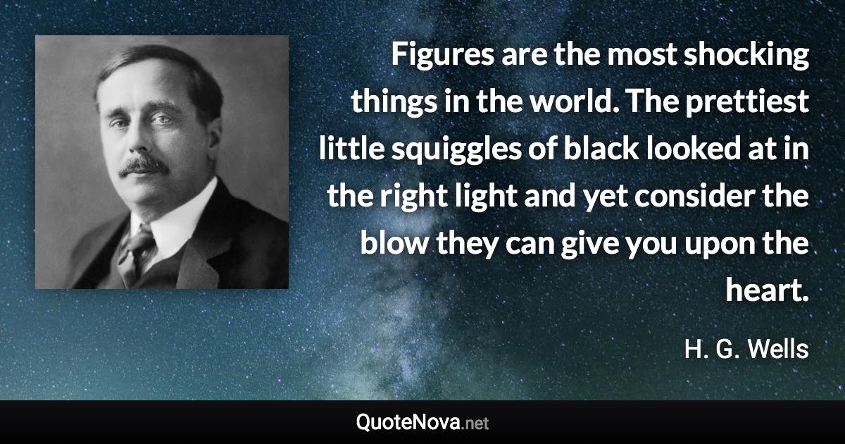 Figures are the most shocking things in the world. The prettiest little squiggles of black looked at in the right light and yet consider the blow they can give you upon the heart. - H. G. Wells quote