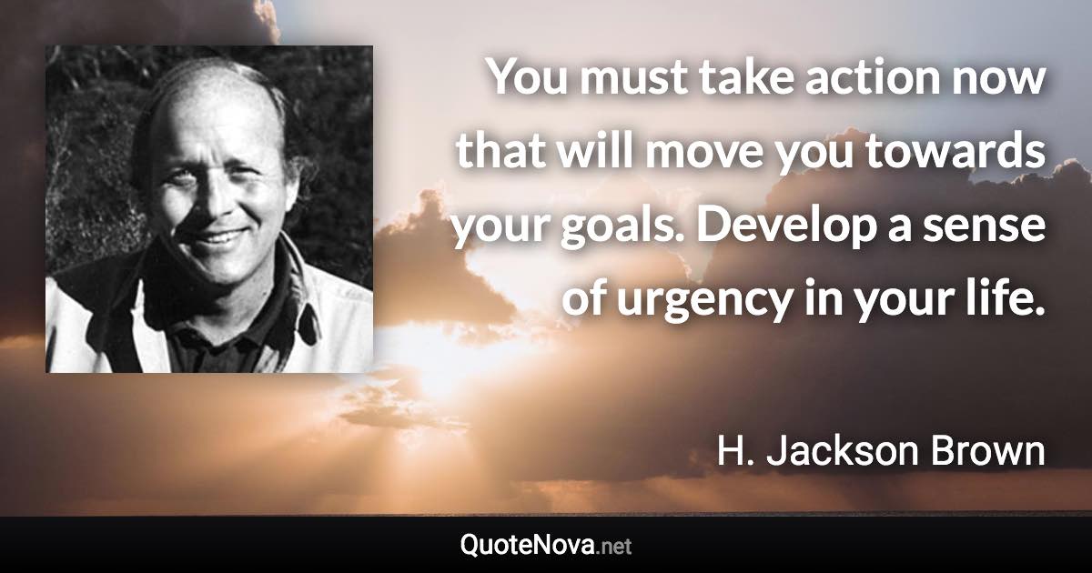 You must take action now that will move you towards your goals. Develop a sense of urgency in your life. - H. Jackson Brown quote
