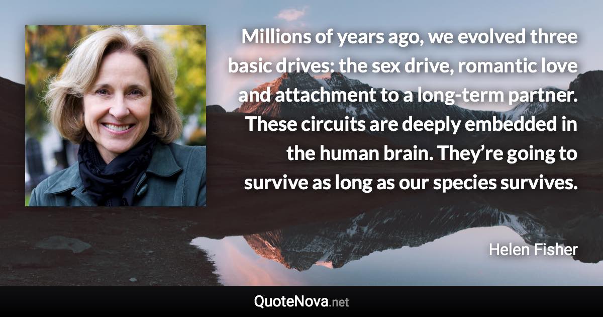 Millions of years ago, we evolved three basic drives: the sex drive, romantic love and attachment to a long-term partner. These circuits are deeply embedded in the human brain. They’re going to survive as long as our species survives. - Helen Fisher quote