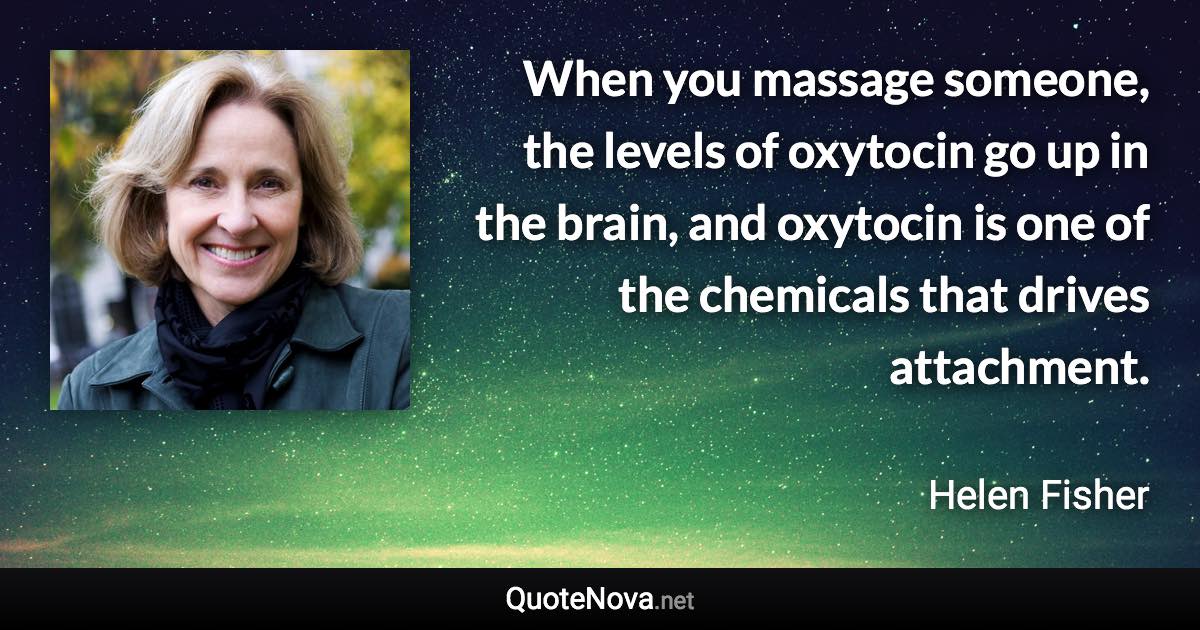 When you massage someone, the levels of oxytocin go up in the brain, and oxytocin is one of the chemicals that drives attachment. - Helen Fisher quote
