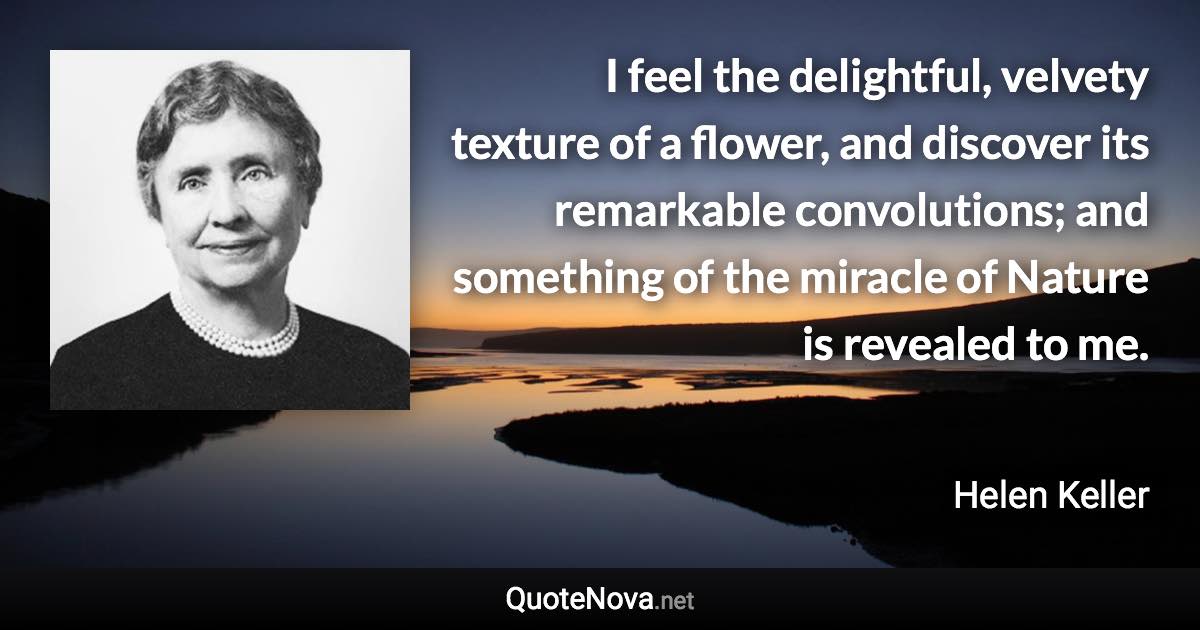 I feel the delightful, velvety texture of a flower, and discover its remarkable convolutions; and something of the miracle of Nature is revealed to me. - Helen Keller quote