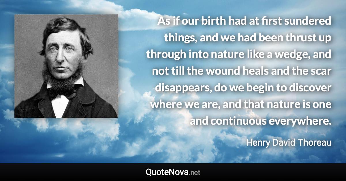 As if our birth had at first sundered things, and we had been thrust up through into nature like a wedge, and not till the wound heals and the scar disappears, do we begin to discover where we are, and that nature is one and continuous everywhere. - Henry David Thoreau quote