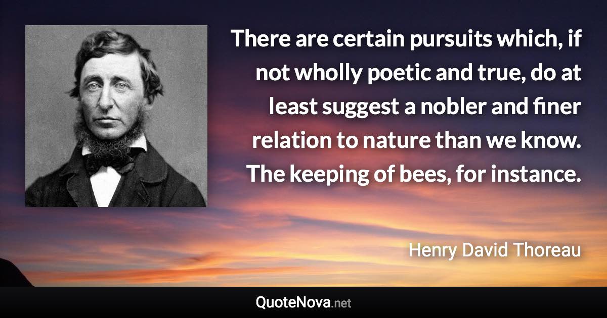 There are certain pursuits which, if not wholly poetic and true, do at least suggest a nobler and finer relation to nature than we know. The keeping of bees, for instance. - Henry David Thoreau quote