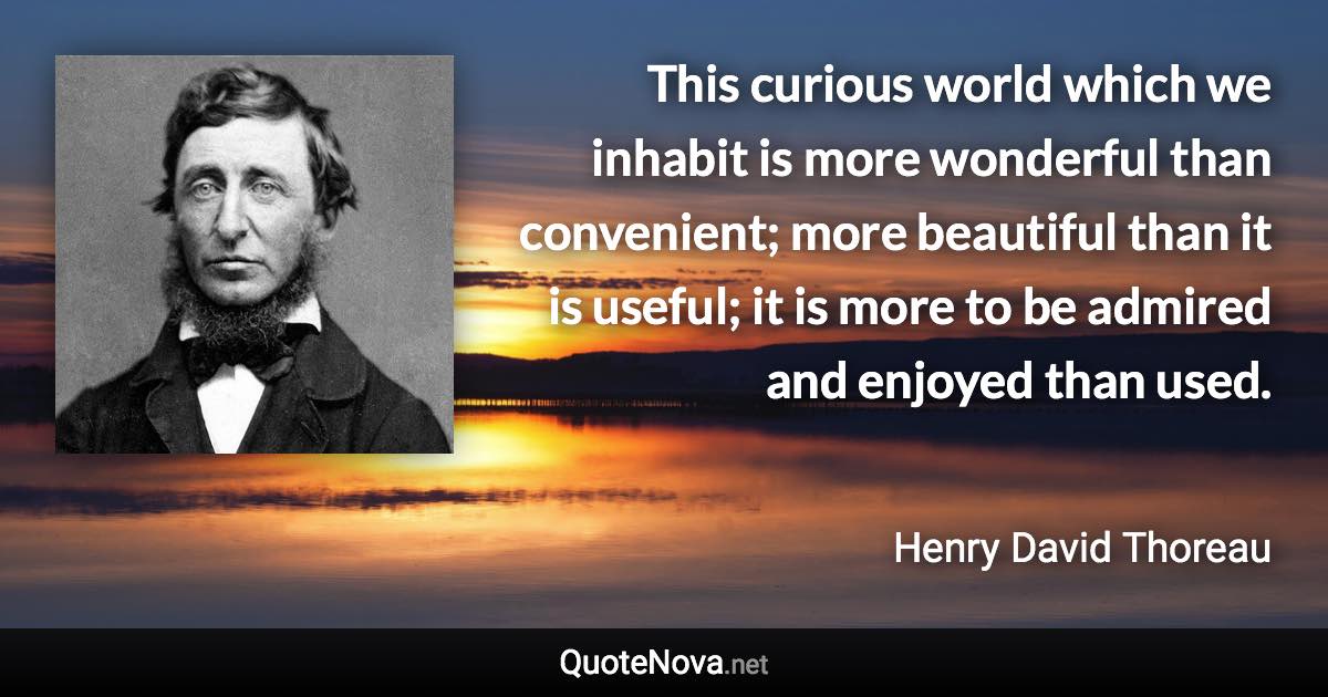 This curious world which we inhabit is more wonderful than convenient; more beautiful than it is useful; it is more to be admired and enjoyed than used. - Henry David Thoreau quote