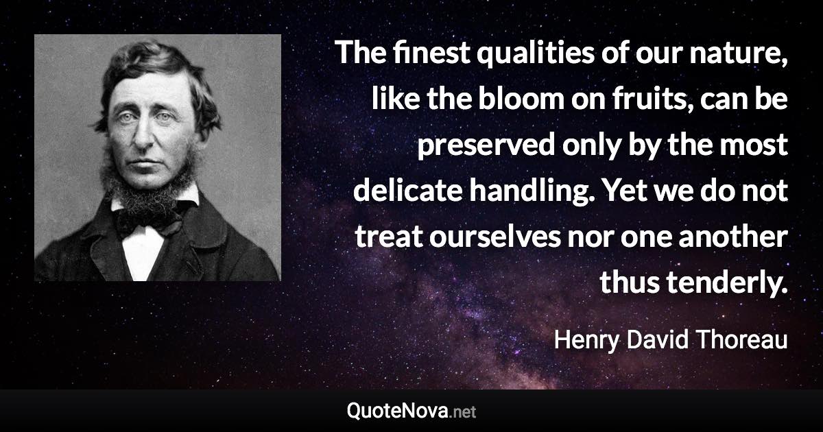 The finest qualities of our nature, like the bloom on fruits, can be preserved only by the most delicate handling. Yet we do not treat ourselves nor one another thus tenderly. - Henry David Thoreau quote