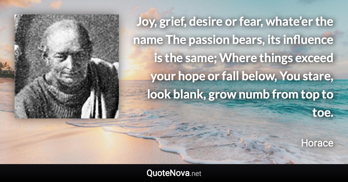 Joy, grief, desire or fear, whate’er the name The passion bears, its influence is the same; Where things exceed your hope or fall below, You stare, look blank, grow numb from top to toe. - Horace quote