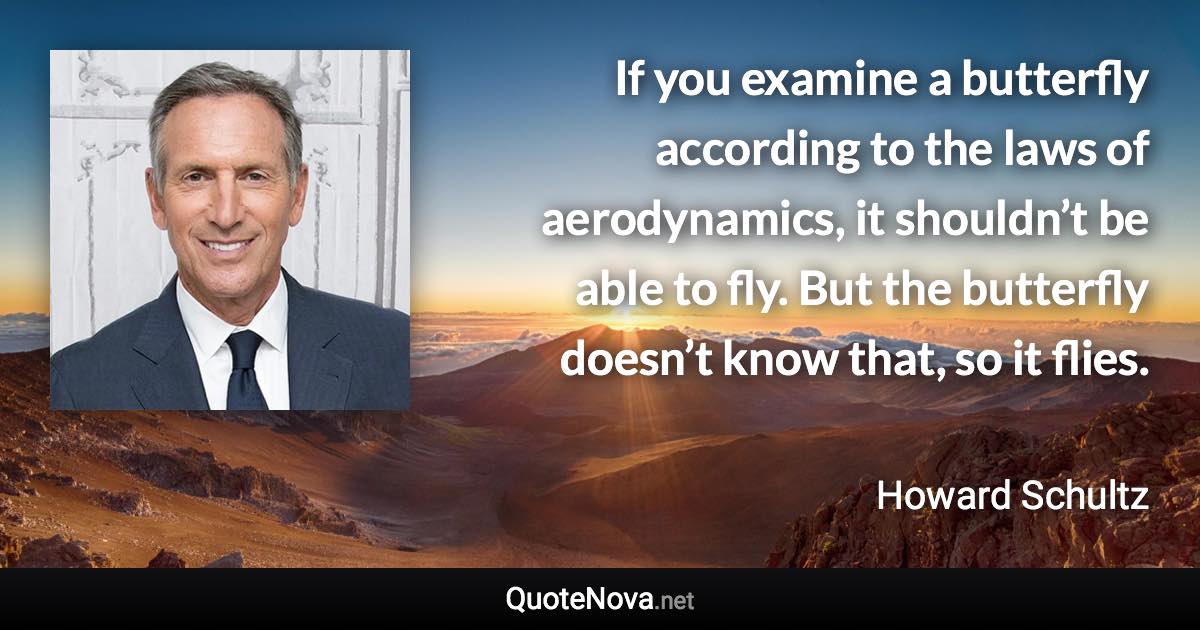 If you examine a butterfly according to the laws of aerodynamics, it shouldn’t be able to fly. But the butterfly doesn’t know that, so it flies. - Howard Schultz quote