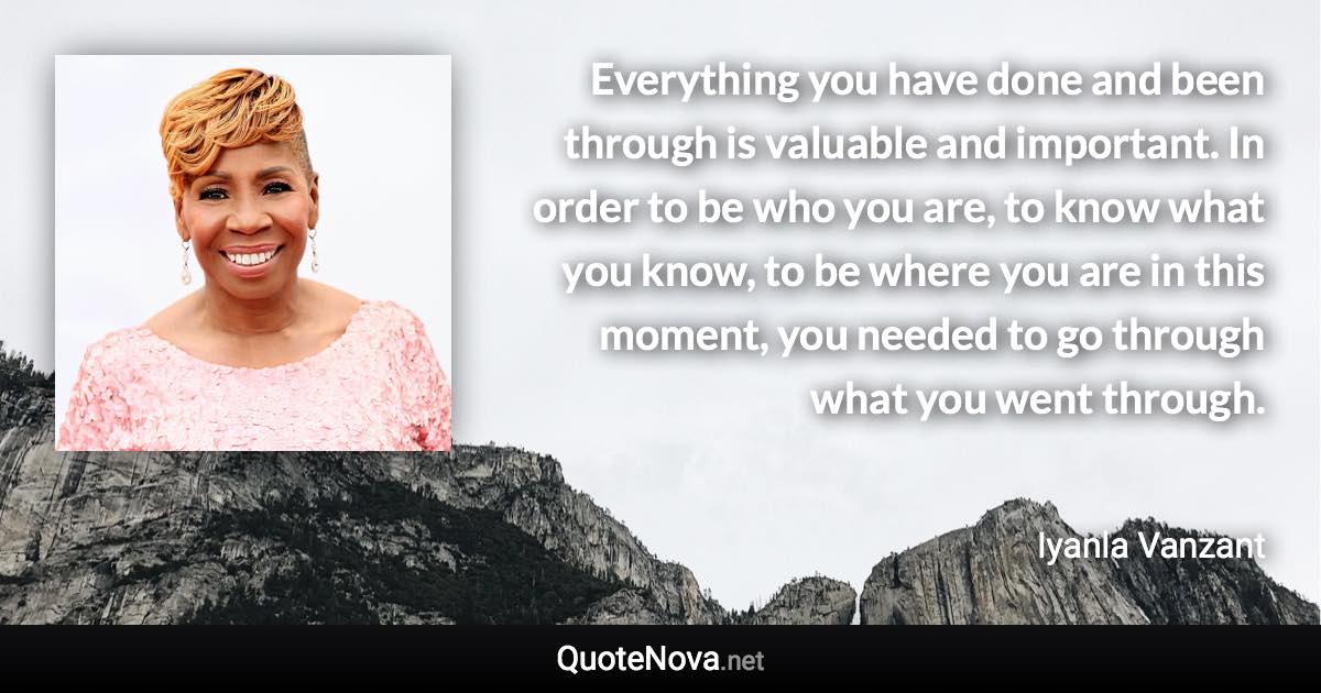 Everything you have done and been through is valuable and important. In order to be who you are, to know what you know, to be where you are in this moment, you needed to go through what you went through. - Iyanla Vanzant quote