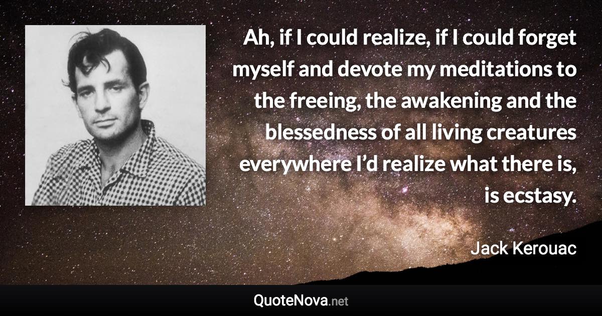 Ah, if I could realize, if I could forget myself and devote my meditations to the freeing, the awakening and the blessedness of all living creatures everywhere I’d realize what there is, is ecstasy. - Jack Kerouac quote