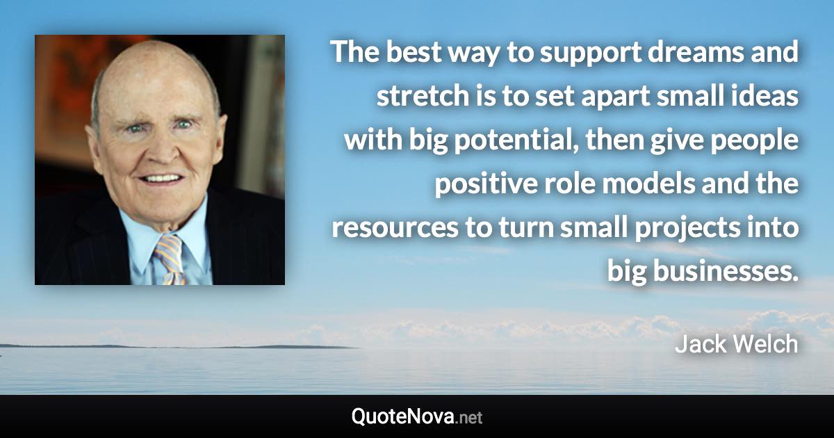 The best way to support dreams and stretch is to set apart small ideas with big potential, then give people positive role models and the resources to turn small projects into big businesses. - Jack Welch quote