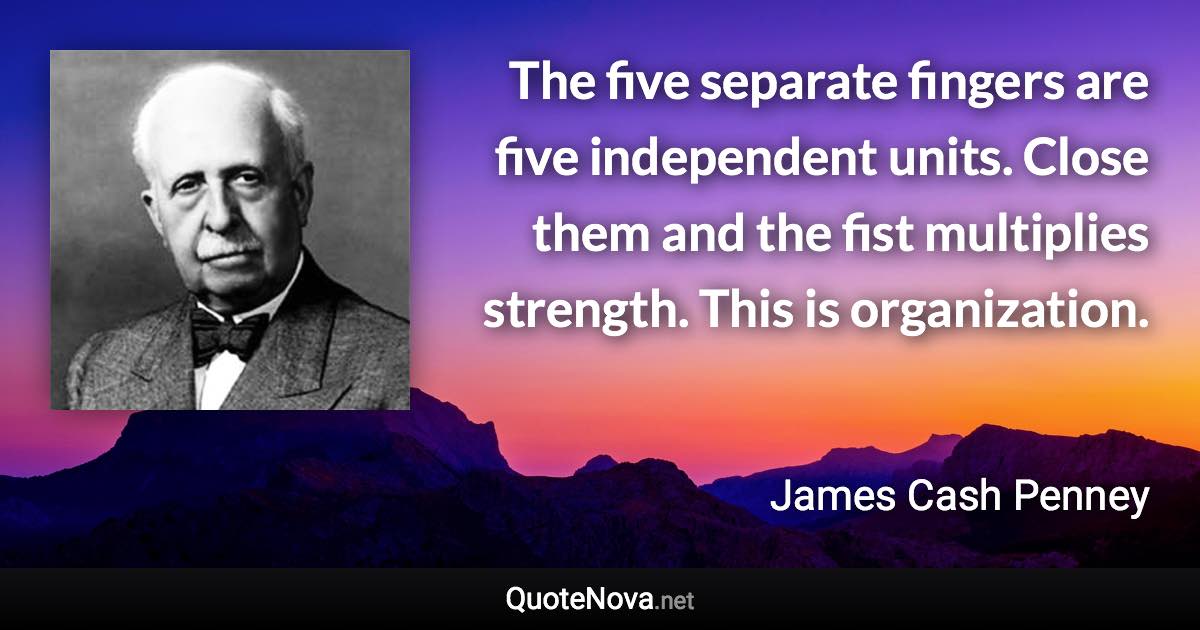 The five separate fingers are five independent units. Close them and the fist multiplies strength. This is organization. - James Cash Penney quote