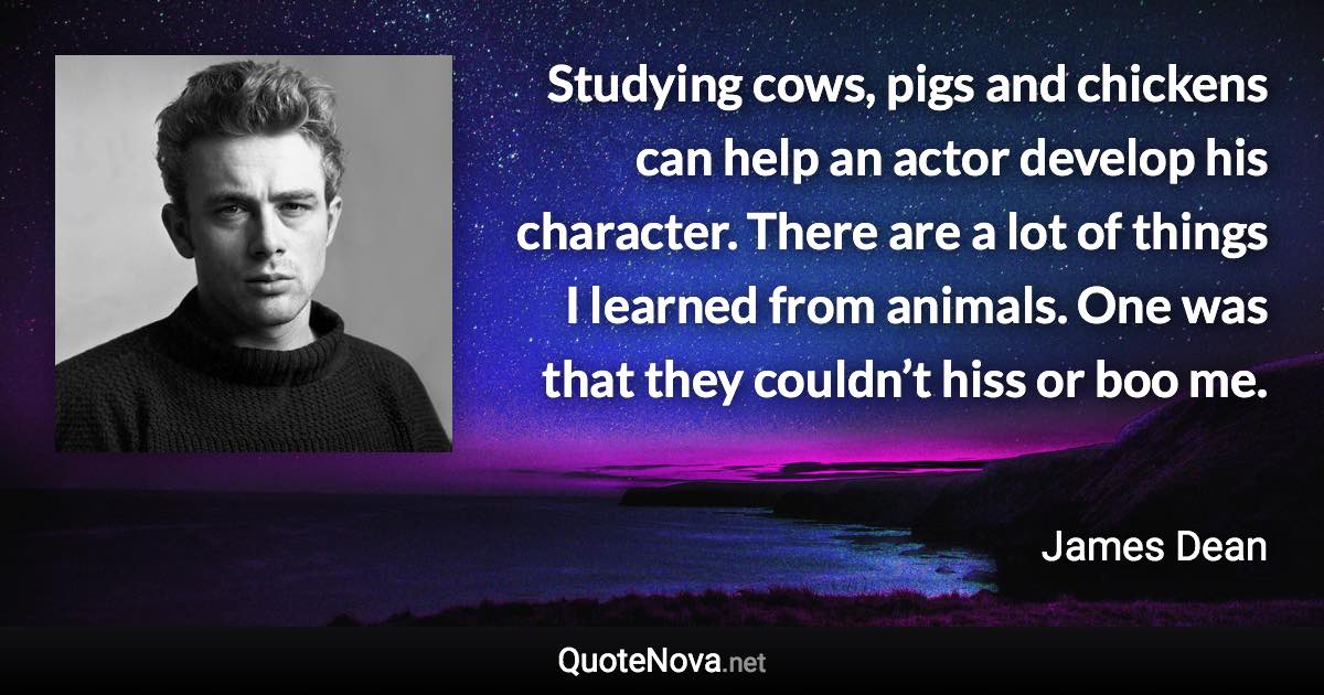 Studying cows, pigs and chickens can help an actor develop his character. There are a lot of things I learned from animals. One was that they couldn’t hiss or boo me. - James Dean quote