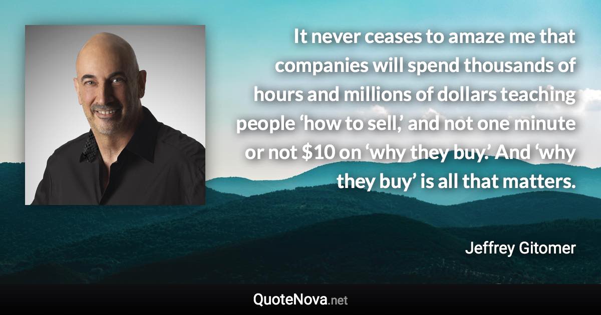 It never ceases to amaze me that companies will spend thousands of hours and millions of dollars teaching people ‘how to sell,’ and not one minute or not $10 on ‘why they buy.’ And ‘why they buy’ is all that matters. - Jeffrey Gitomer quote