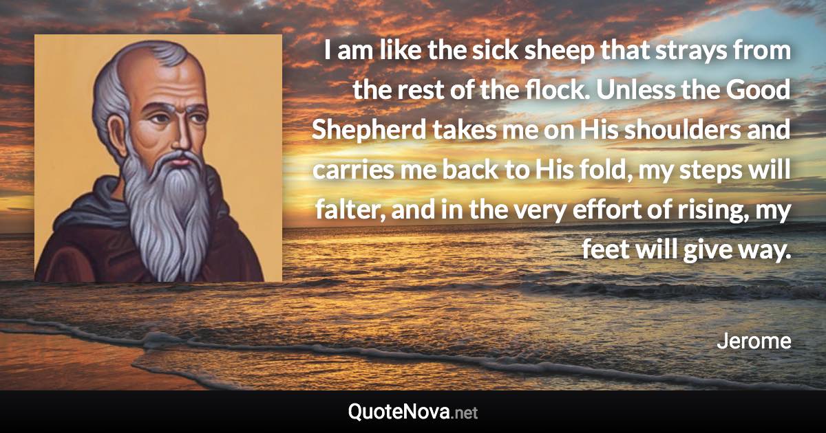 I am like the sick sheep that strays from the rest of the flock. Unless the Good Shepherd takes me on His shoulders and carries me back to His fold, my steps will falter, and in the very effort of rising, my feet will give way. - Jerome quote