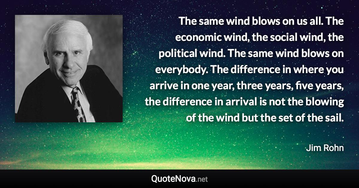 The same wind blows on us all. The economic wind, the social wind, the political wind. The same wind blows on everybody. The difference in where you arrive in one year, three years, five years, the difference in arrival is not the blowing of the wind but the set of the sail. - Jim Rohn quote