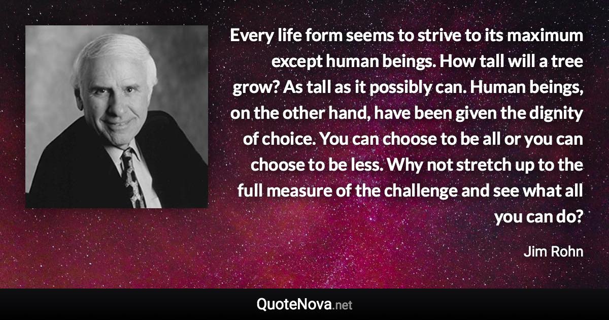 Every life form seems to strive to its maximum except human beings. How tall will a tree grow? As tall as it possibly can. Human beings, on the other hand, have been given the dignity of choice. You can choose to be all or you can choose to be less. Why not stretch up to the full measure of the challenge and see what all you can do? - Jim Rohn quote