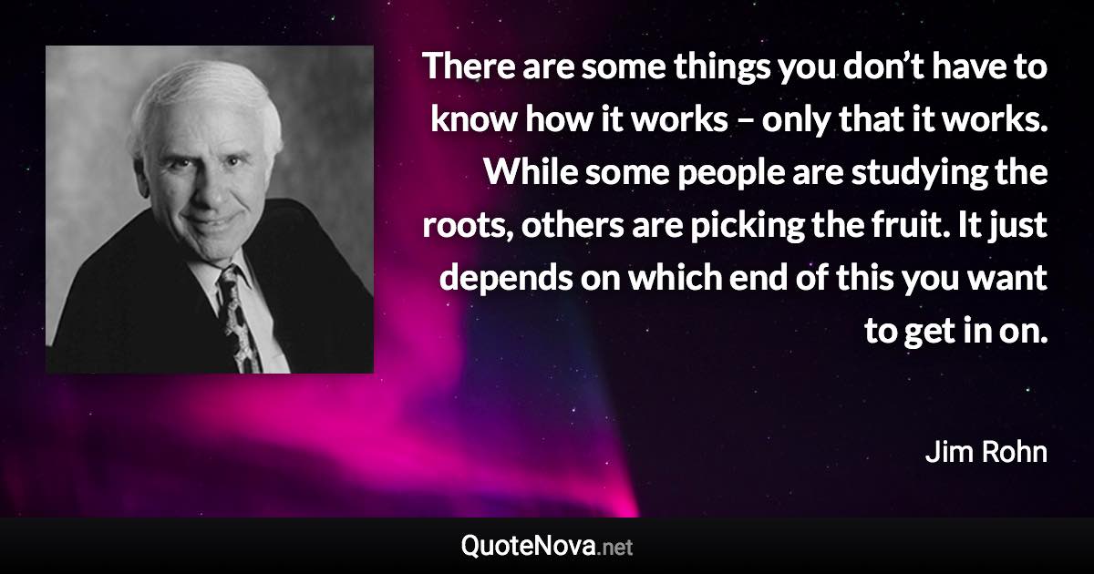 There are some things you don’t have to know how it works – only that it works. While some people are studying the roots, others are picking the fruit. It just depends on which end of this you want to get in on. - Jim Rohn quote