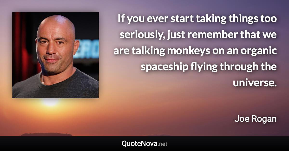 If you ever start taking things too seriously, just remember that we are talking monkeys on an organic spaceship flying through the universe. - Joe Rogan quote