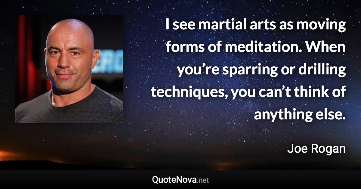 I see martial arts as moving forms of meditation. When you’re sparring or drilling techniques, you can’t think of anything else. - Joe Rogan quote