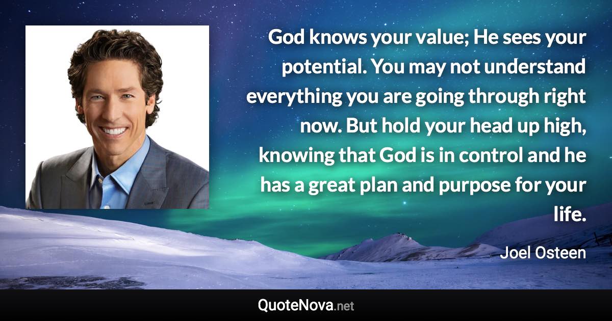 God knows your value; He sees your potential. You may not understand everything you are going through right now. But hold your head up high, knowing that God is in control and he has a great plan and purpose for your life. - Joel Osteen quote