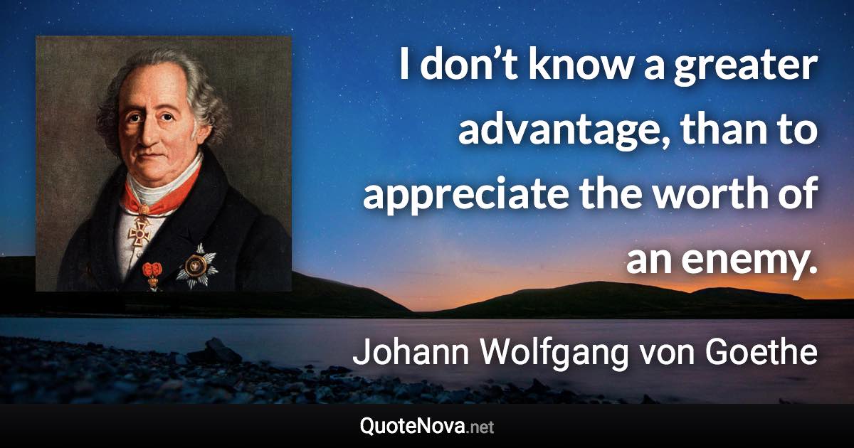 I don’t know a greater advantage, than to appreciate the worth of an enemy. - Johann Wolfgang von Goethe quote