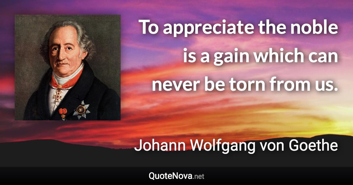 To appreciate the noble is a gain which can never be torn from us. - Johann Wolfgang von Goethe quote