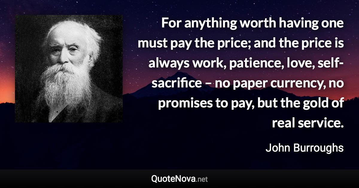 For anything worth having one must pay the price; and the price is always work, patience, love, self-sacrifice – no paper currency, no promises to pay, but the gold of real service. - John Burroughs quote