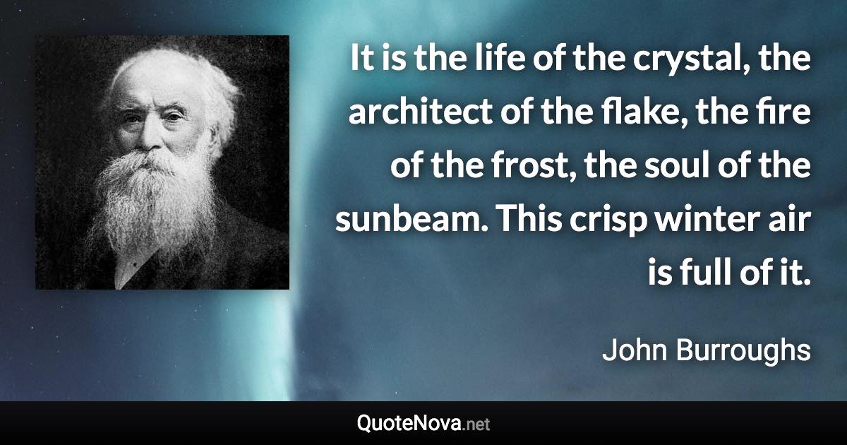 It is the life of the crystal, the architect of the flake, the fire of the frost, the soul of the sunbeam. This crisp winter air is full of it. - John Burroughs quote