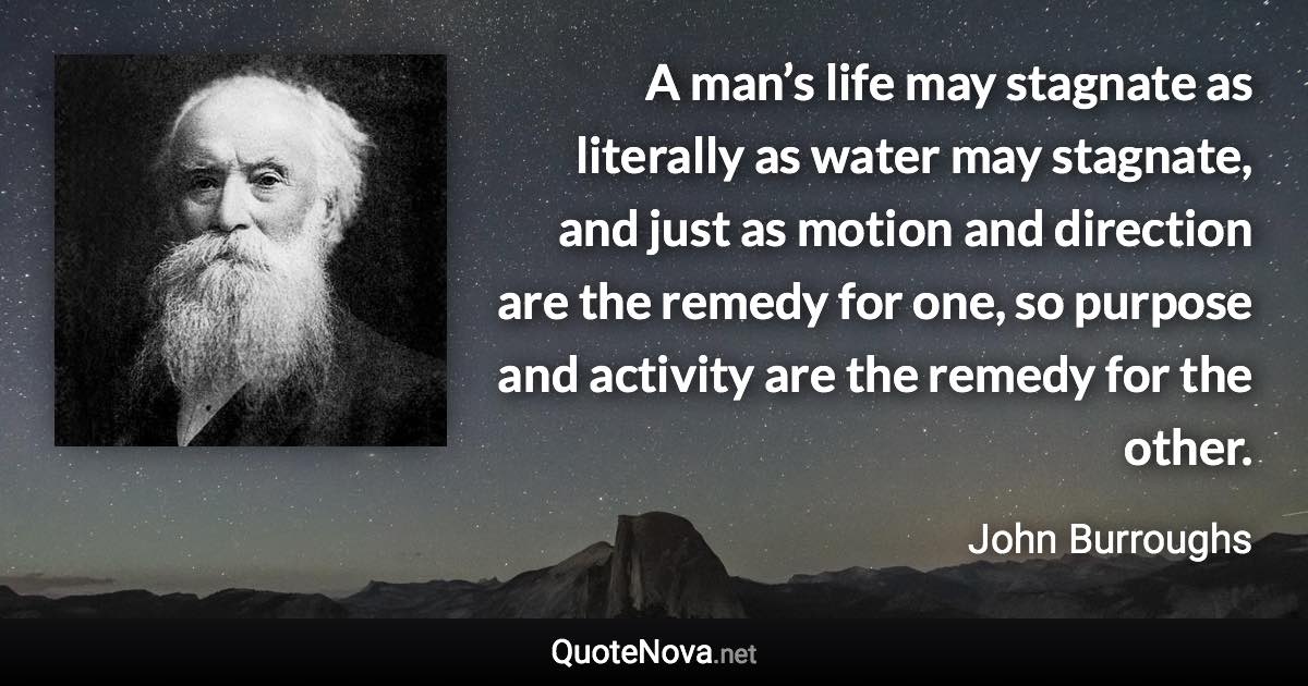 A man’s life may stagnate as literally as water may stagnate, and just as motion and direction are the remedy for one, so purpose and activity are the remedy for the other. - John Burroughs quote