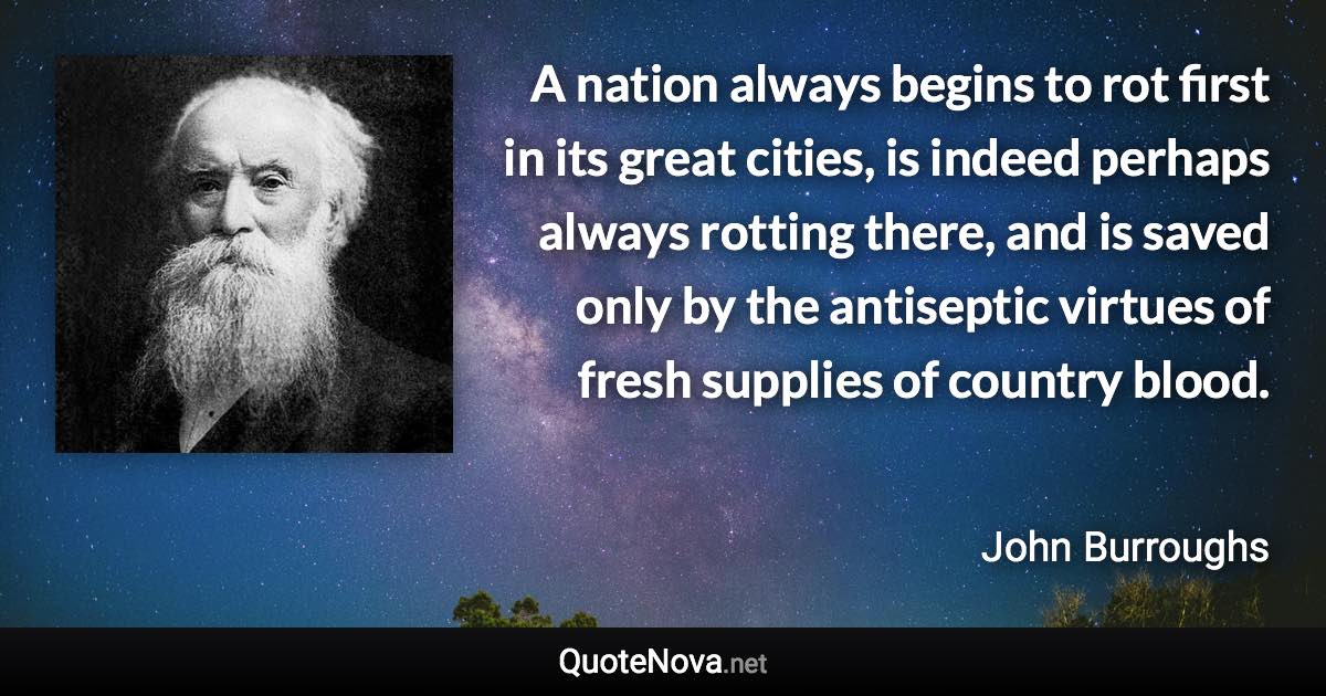 A nation always begins to rot first in its great cities, is indeed perhaps always rotting there, and is saved only by the antiseptic virtues of fresh supplies of country blood. - John Burroughs quote