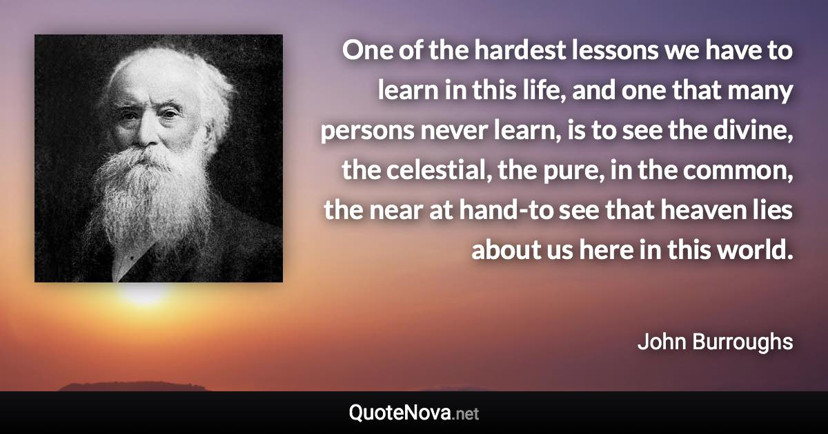 One of the hardest lessons we have to learn in this life, and one that many persons never learn, is to see the divine, the celestial, the pure, in the common, the near at hand-to see that heaven lies about us here in this world. - John Burroughs quote