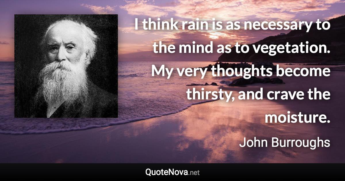 I think rain is as necessary to the mind as to vegetation. My very thoughts become thirsty, and crave the moisture. - John Burroughs quote